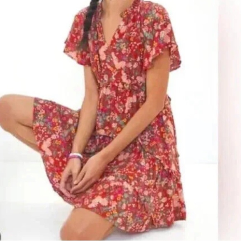 Anthropologie Red Floral Short Sleeve Wrap Dress